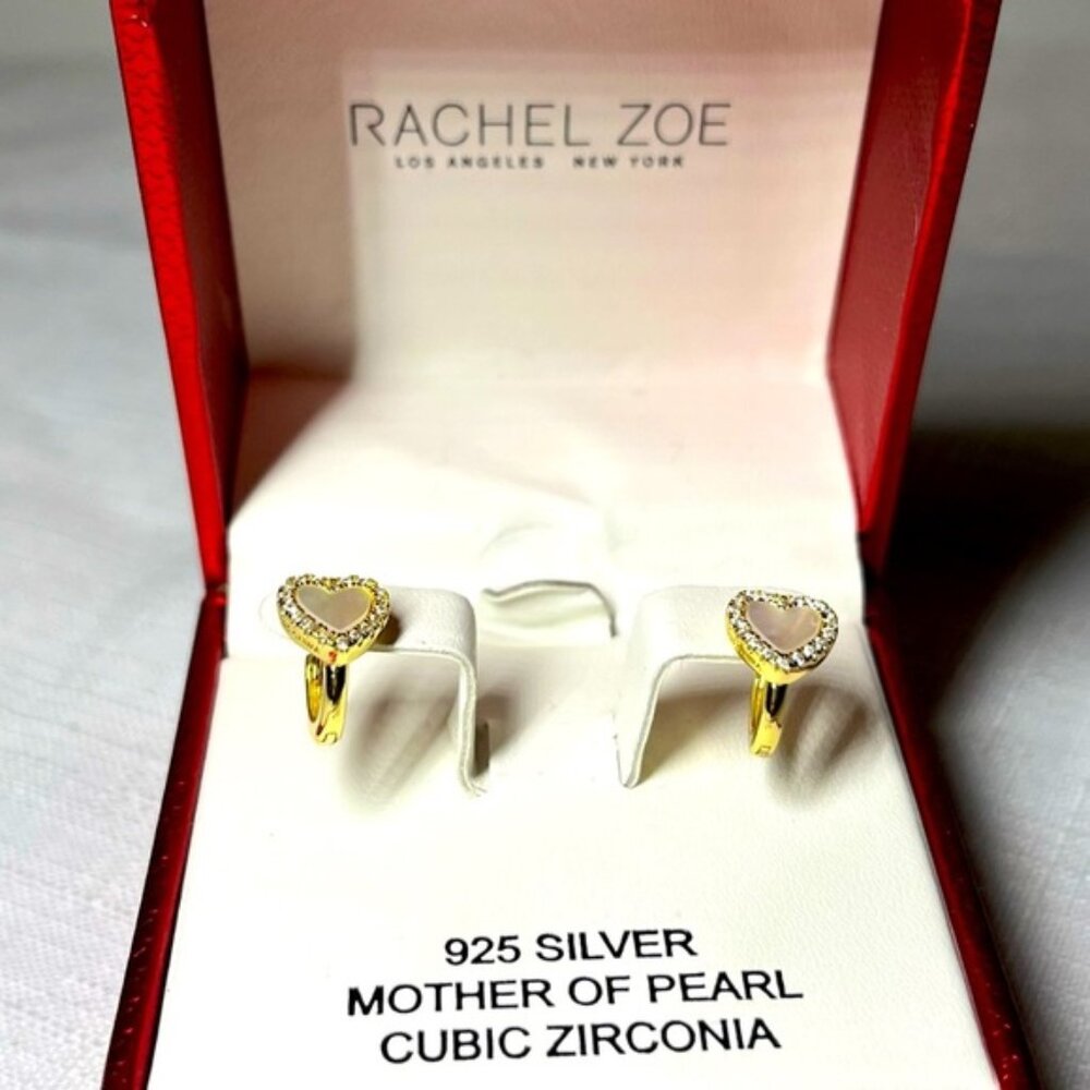 New Rachel Zoe Mini Gold Heart Hoop Earrings 925 silver Mother of Pearl